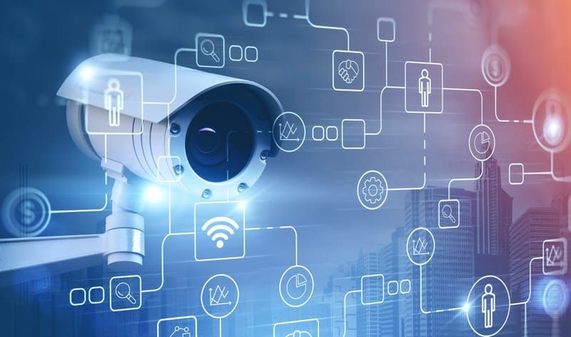 Security camera with an overlay of connected digital network icons
